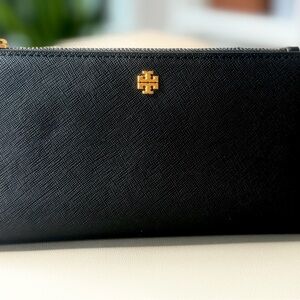 Tory Burch Black Saffiano Zip Wallet with Gold Double-T Logo